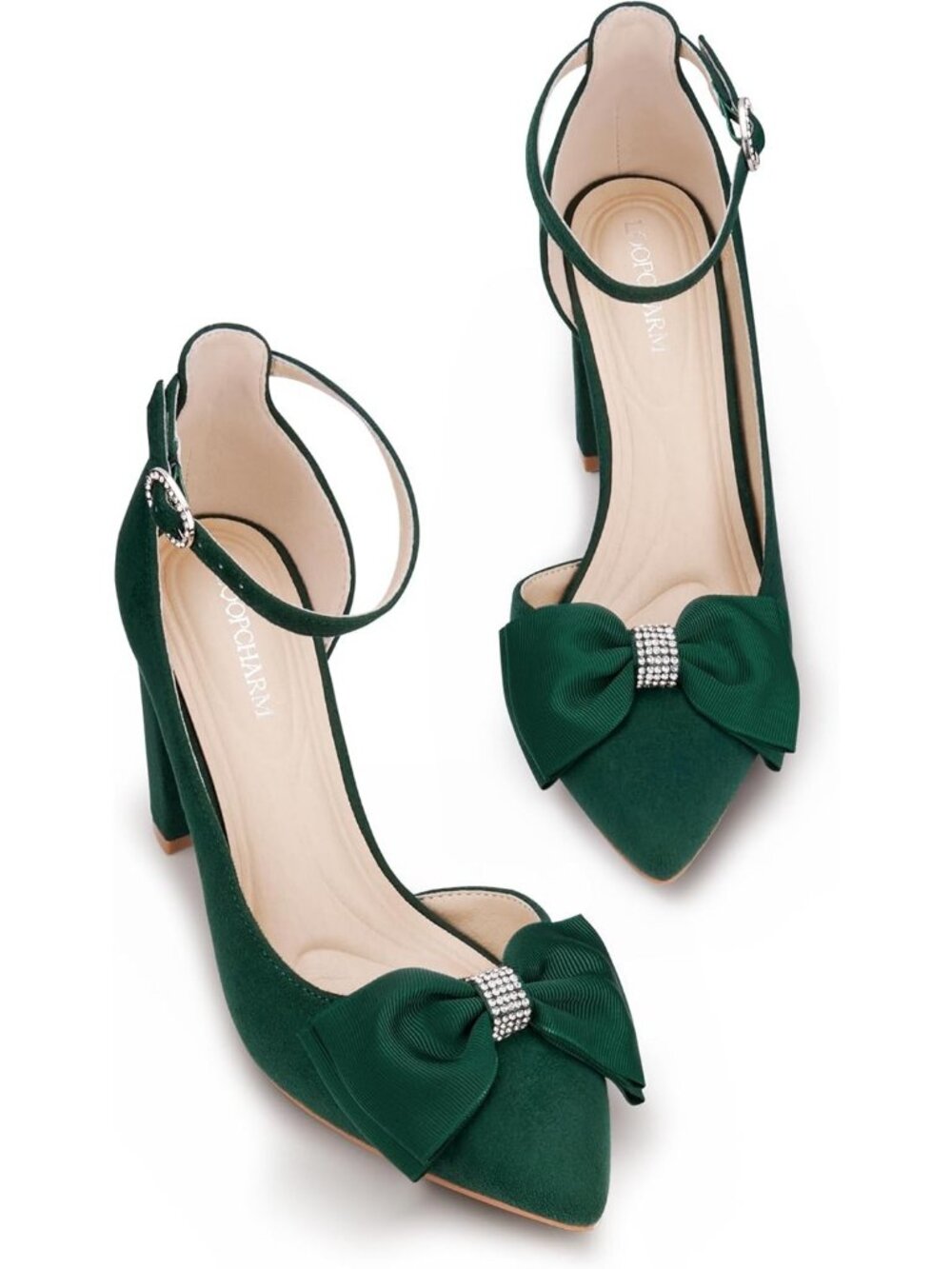 Women's Green Su Pointed Toe Pumps Bow on Toe Ankle Strap Chunky Block Heel - Picture 5 of 6